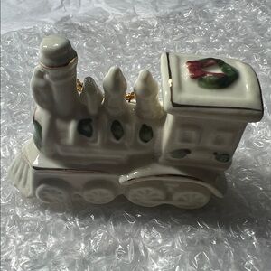 Vintage Hallmark Ceramic Cream and Green Holiday Train Engine Ornament